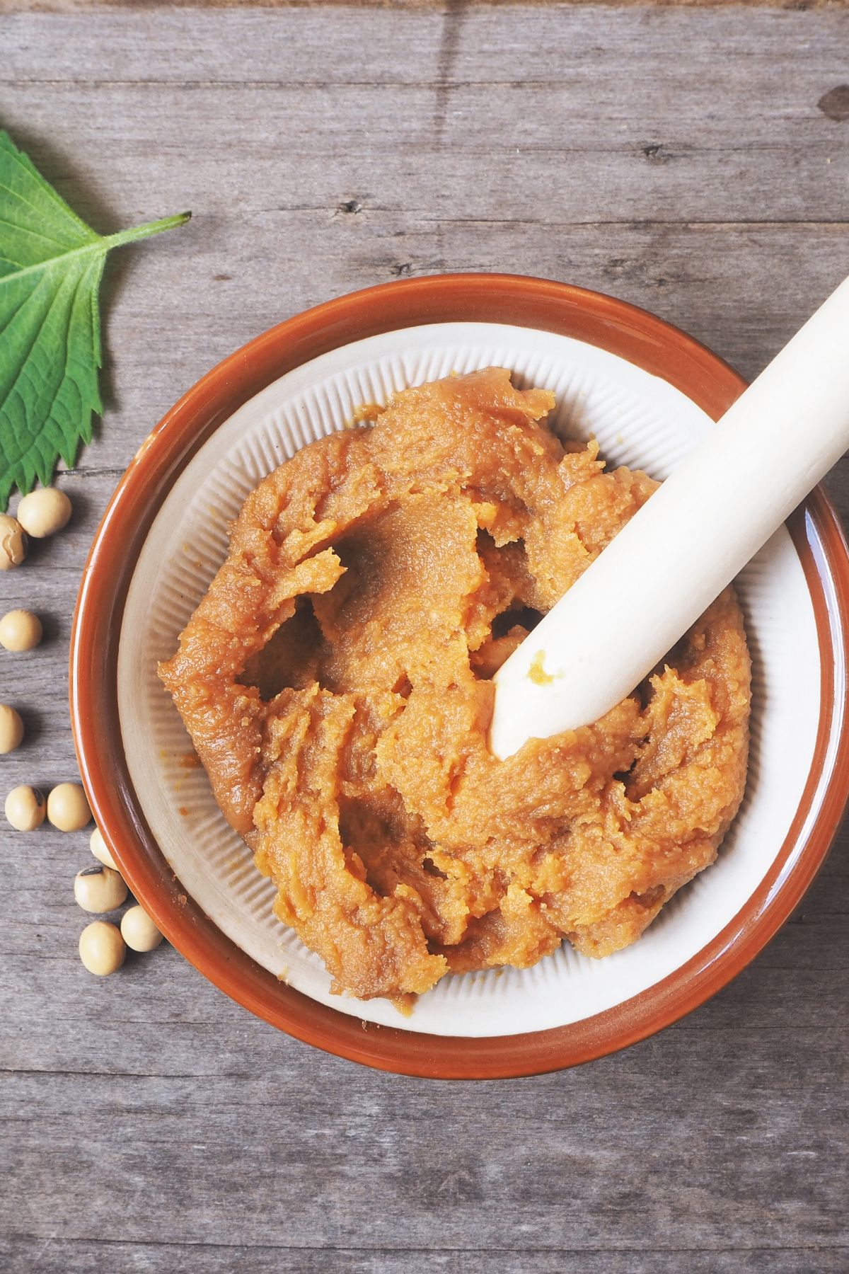 Bowl of white soybean paste on wooden surface.