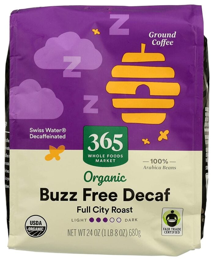 a bag of Buzz Free Decaf coffee.