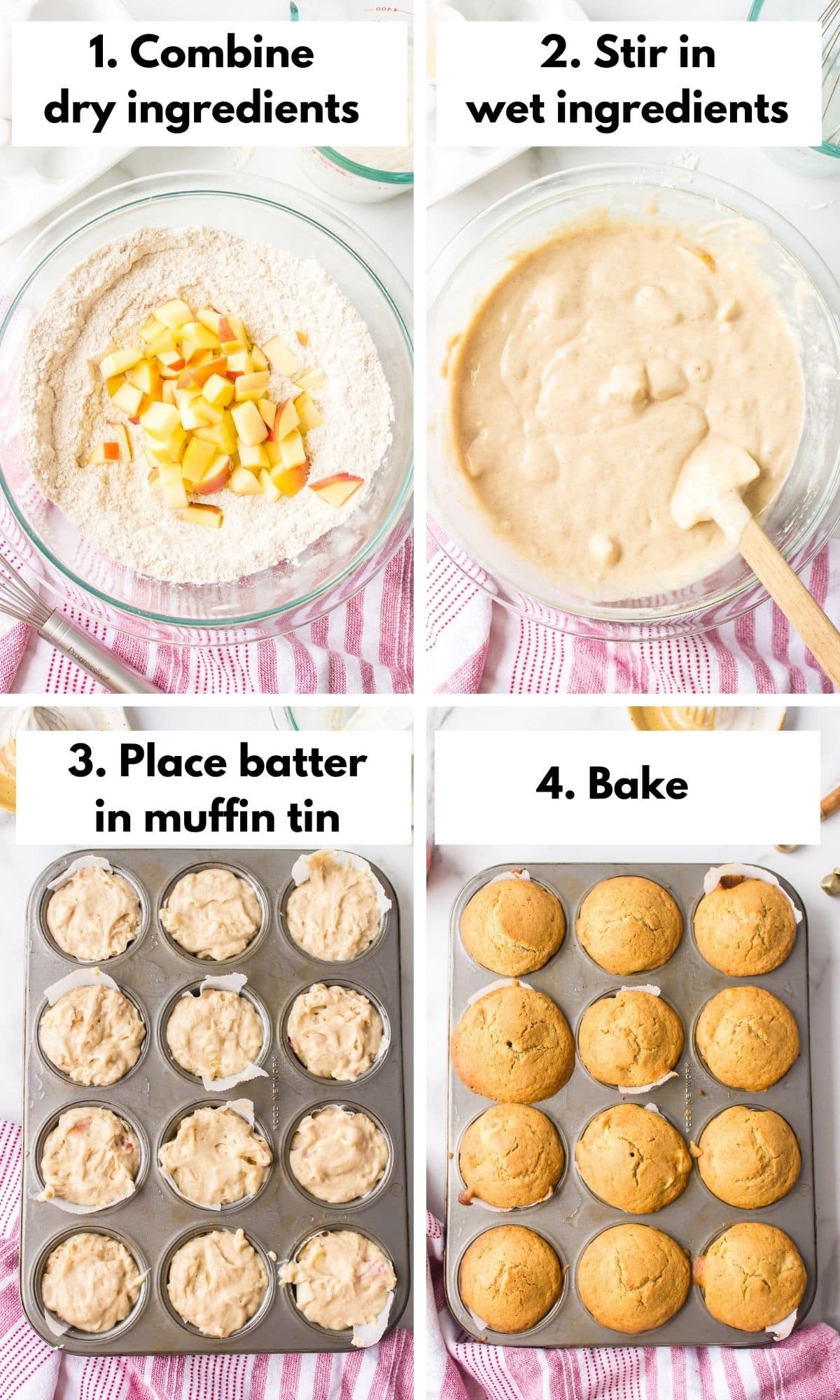 Photo collage showing how to mix and bake gluten free apple muffins.