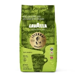 a green bag of LavAzza organic coffee.