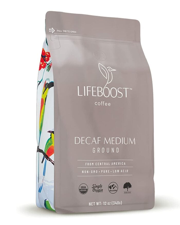 a bag of Lifeboost Coffee in decaf.