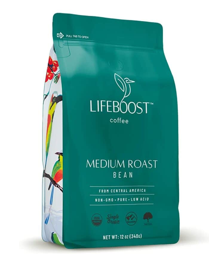 a bag of LifeBoost Coffee in medium roast.