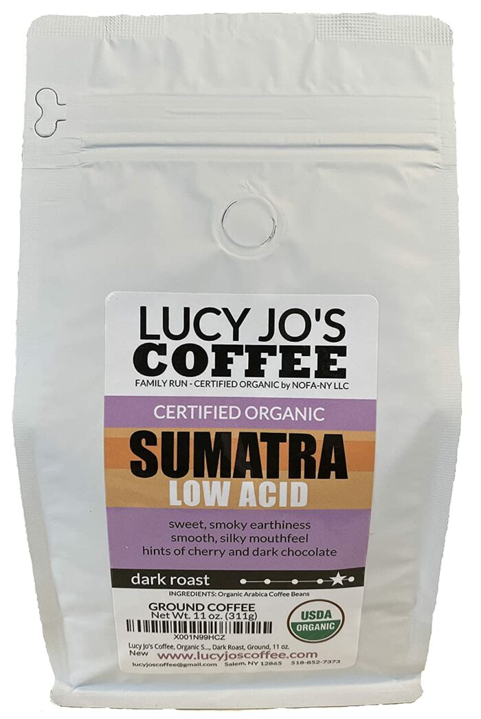 a bag of Lucy Jo's Coffee in Sumatra dark roast.