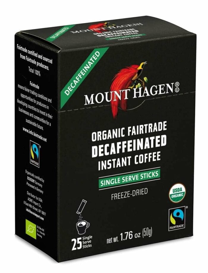 a box of Mount Hagen instant decaf coffee.