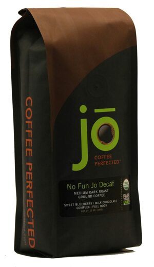 a bag of No Fun Jo Decaf Coffee.