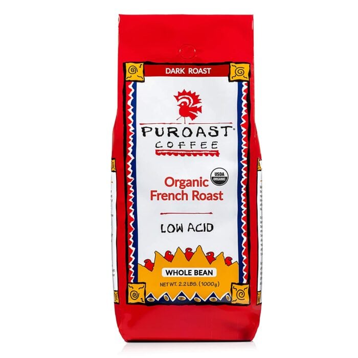 a red bag of Puroast Coffee.