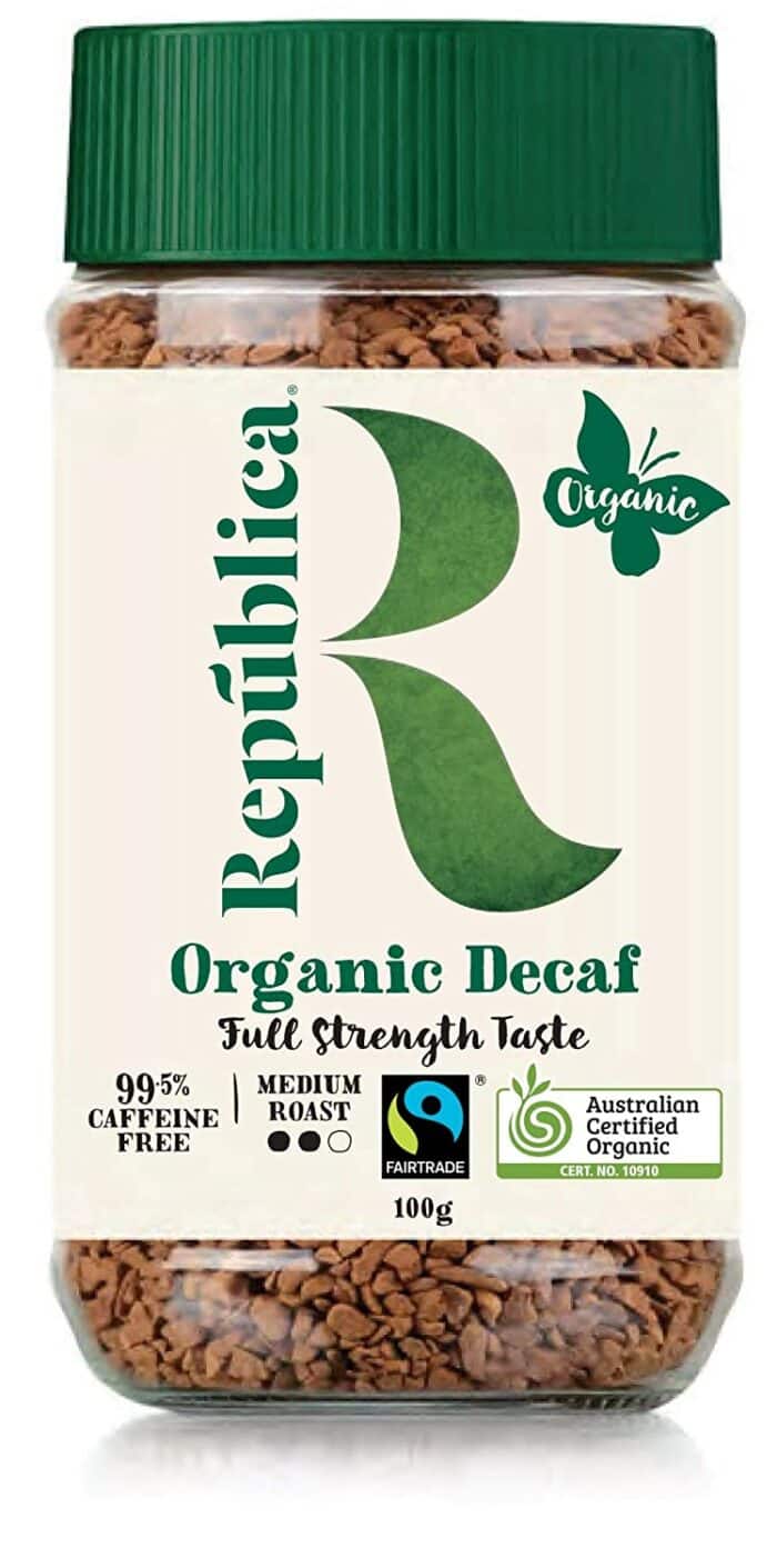 a jar of Republica Oragnic Decaf Coffee.