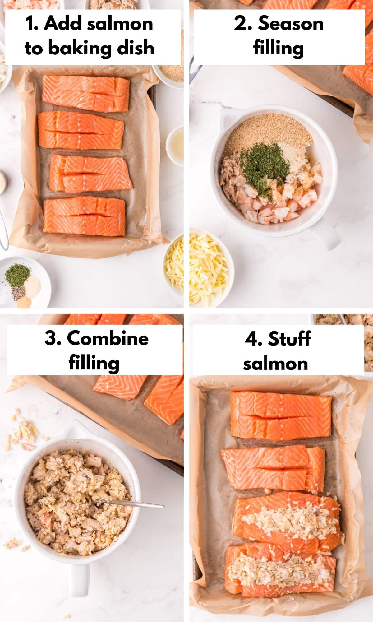 Photo collage of how to make stuffed salmon filets.