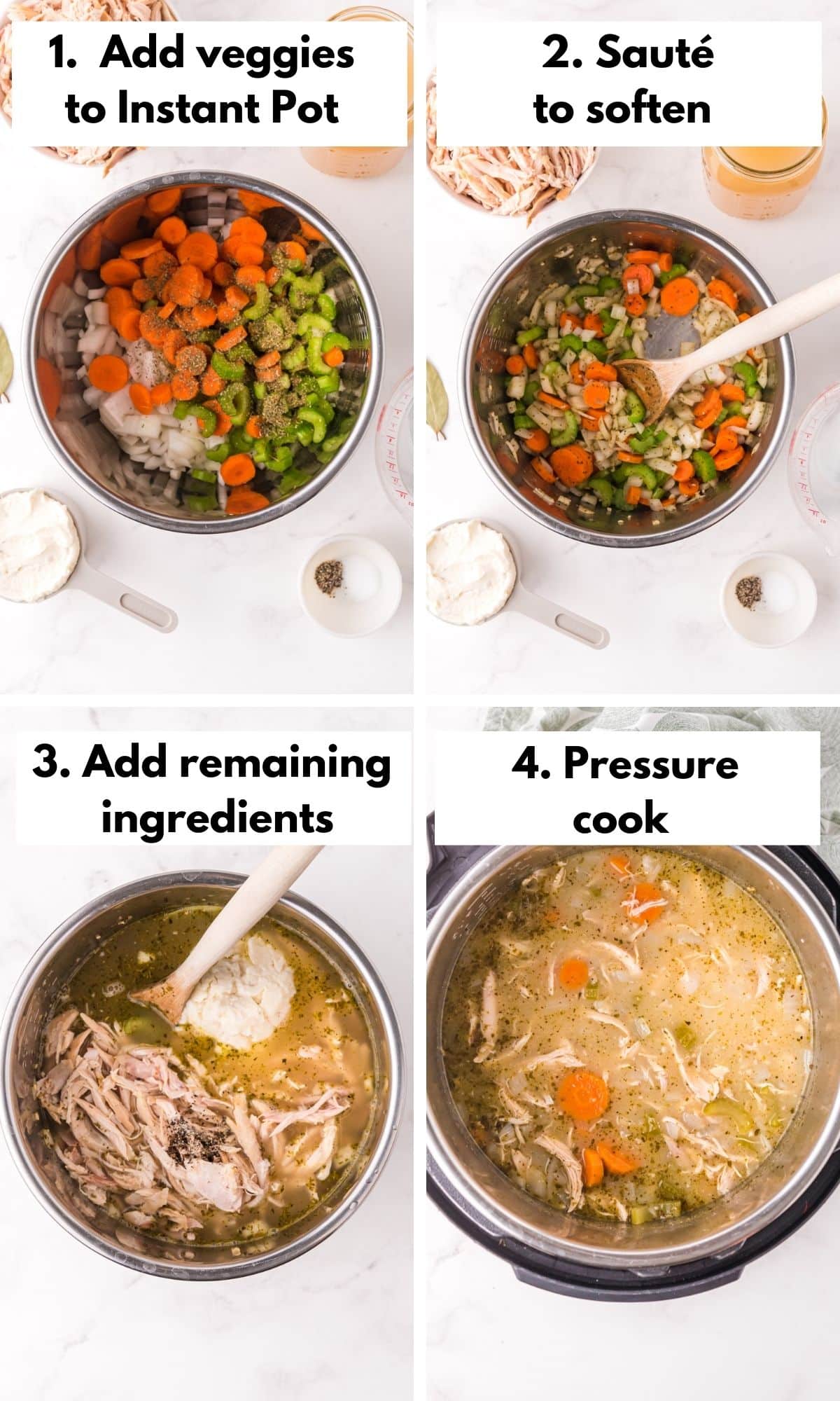 Photo collage of how to make turkey soup in the Instant Pot.
