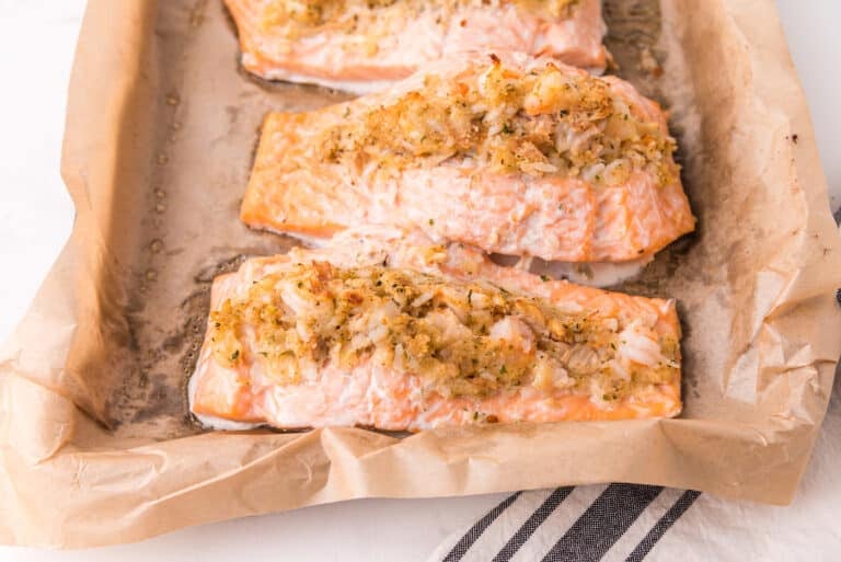 Closeup of a crab and shrimp stuffed salmon fillet.