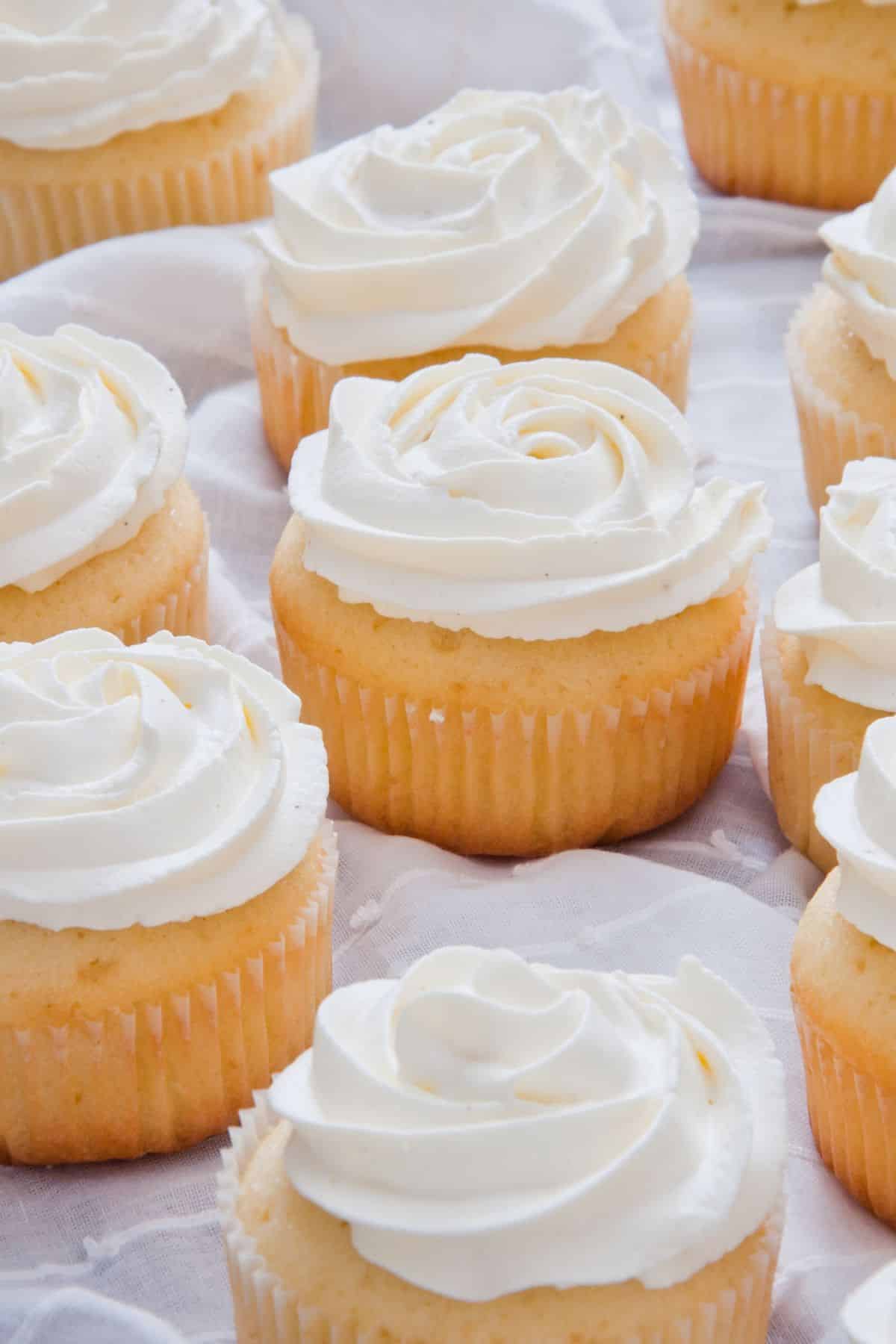 Vanilla gluten-free and dairy-free cupcakes topped with white frosting like a rose.