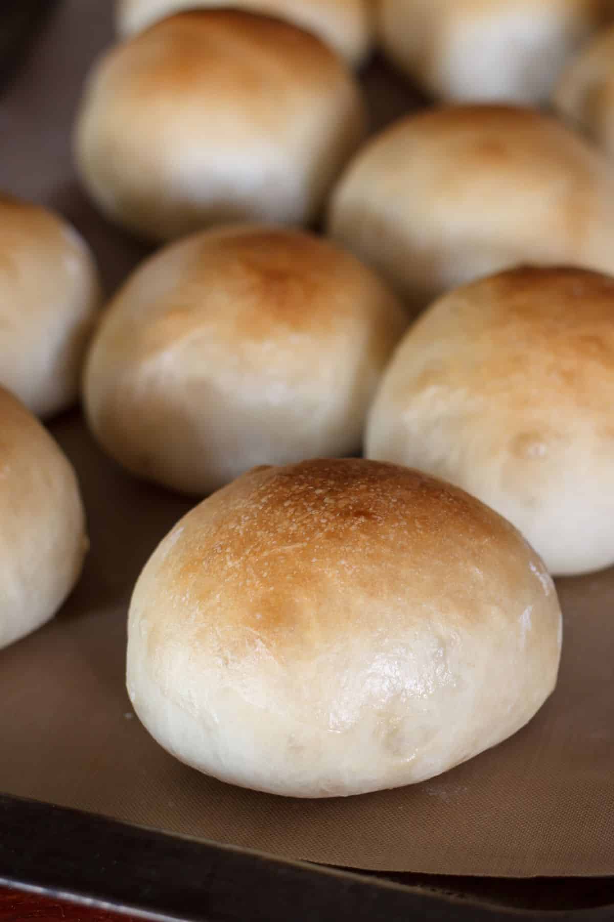 Gluten free dairy free dinner rolls on a sheet of parchment paper.