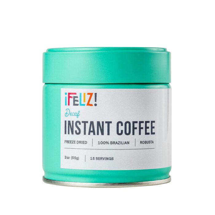 a jar of Feliz Instant Decaf Coffee.