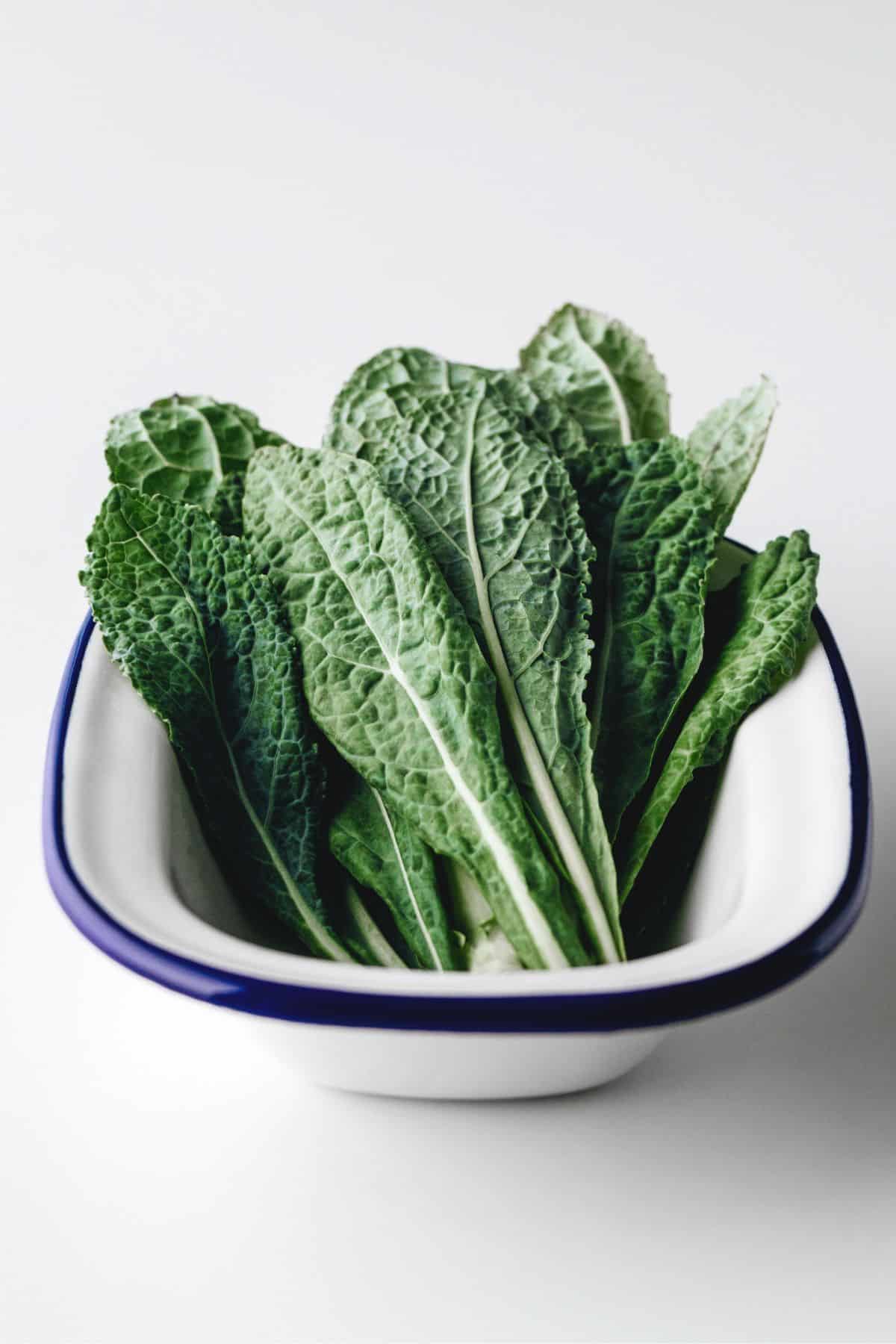 Bowl of kale leaves on white surface.