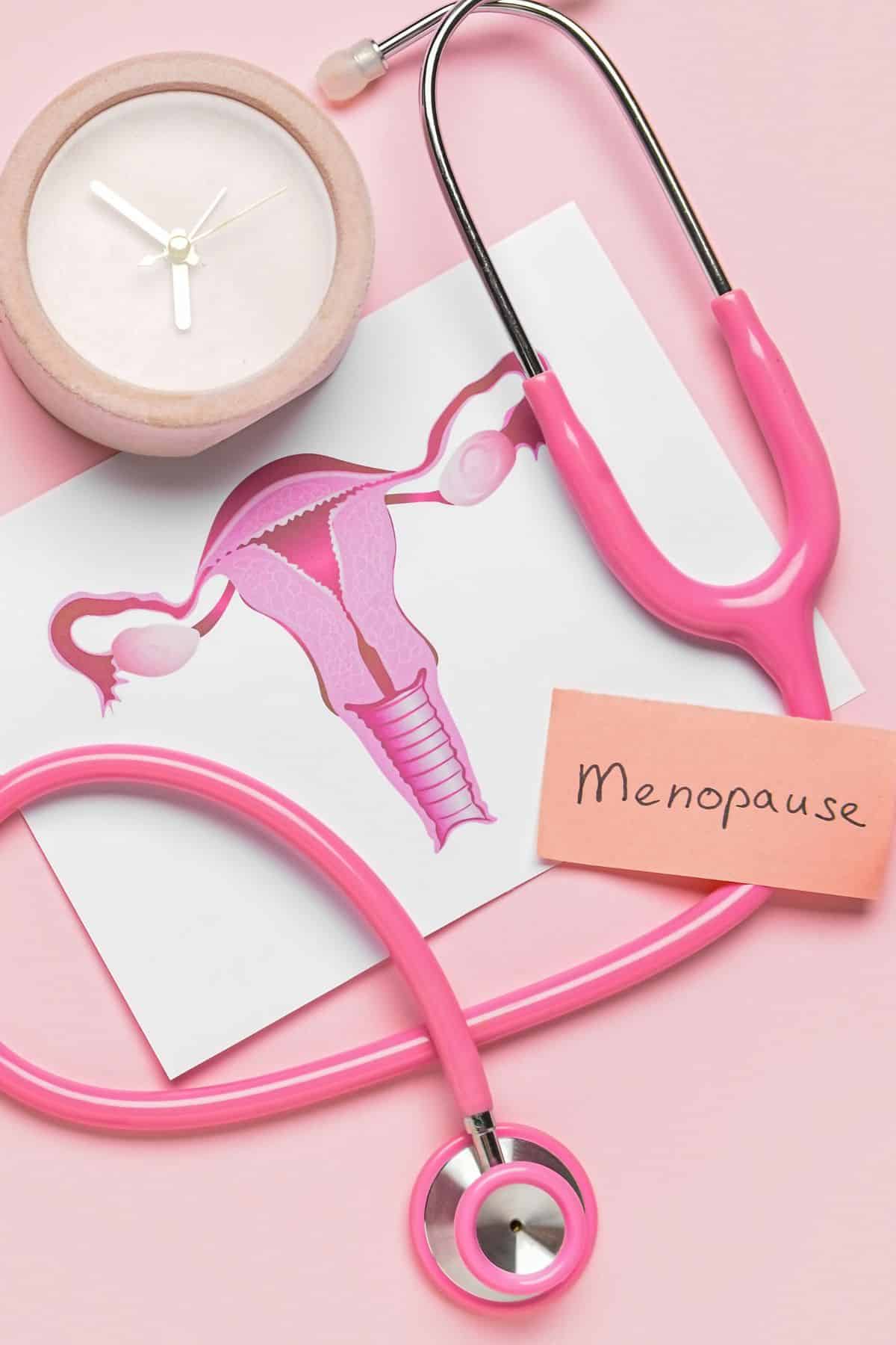 a clock, a stethoscope, a picture of a uterus and the word "menopause" on a piece of paper on a table.