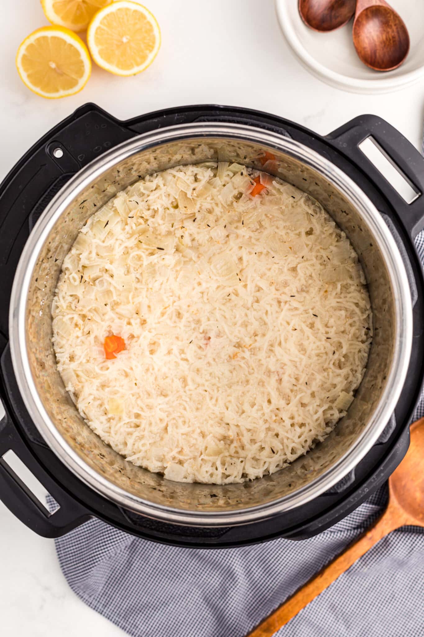 cooked rice with veggies and chicken after pressure cooking.