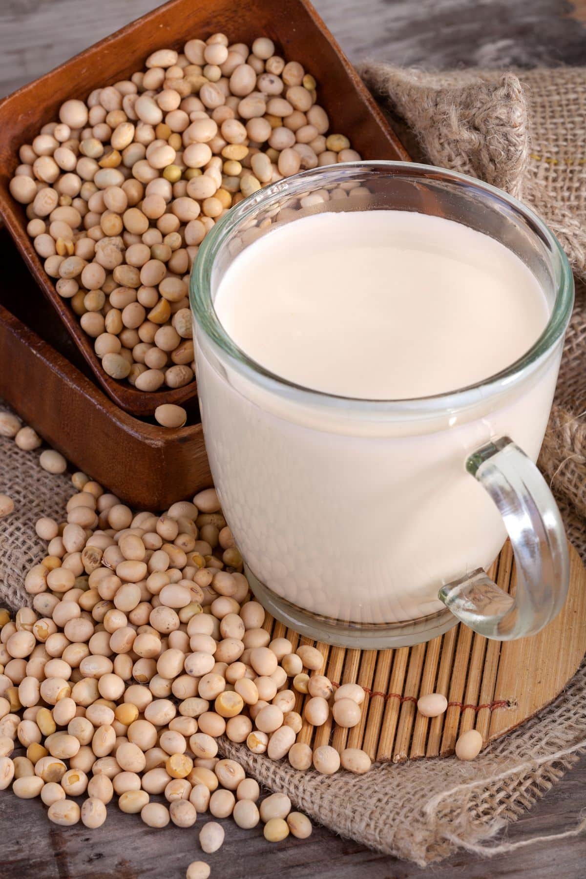 Glass of soy milk with dried soybeans on burlap.