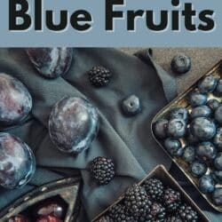 a variety of blue fruits on a navy tablecloth.