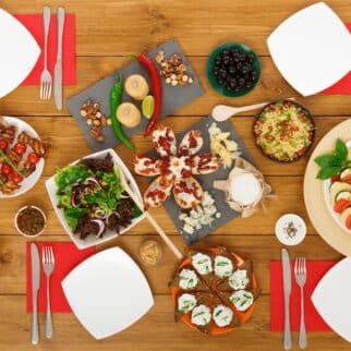 a table set with healthy foods for a party.