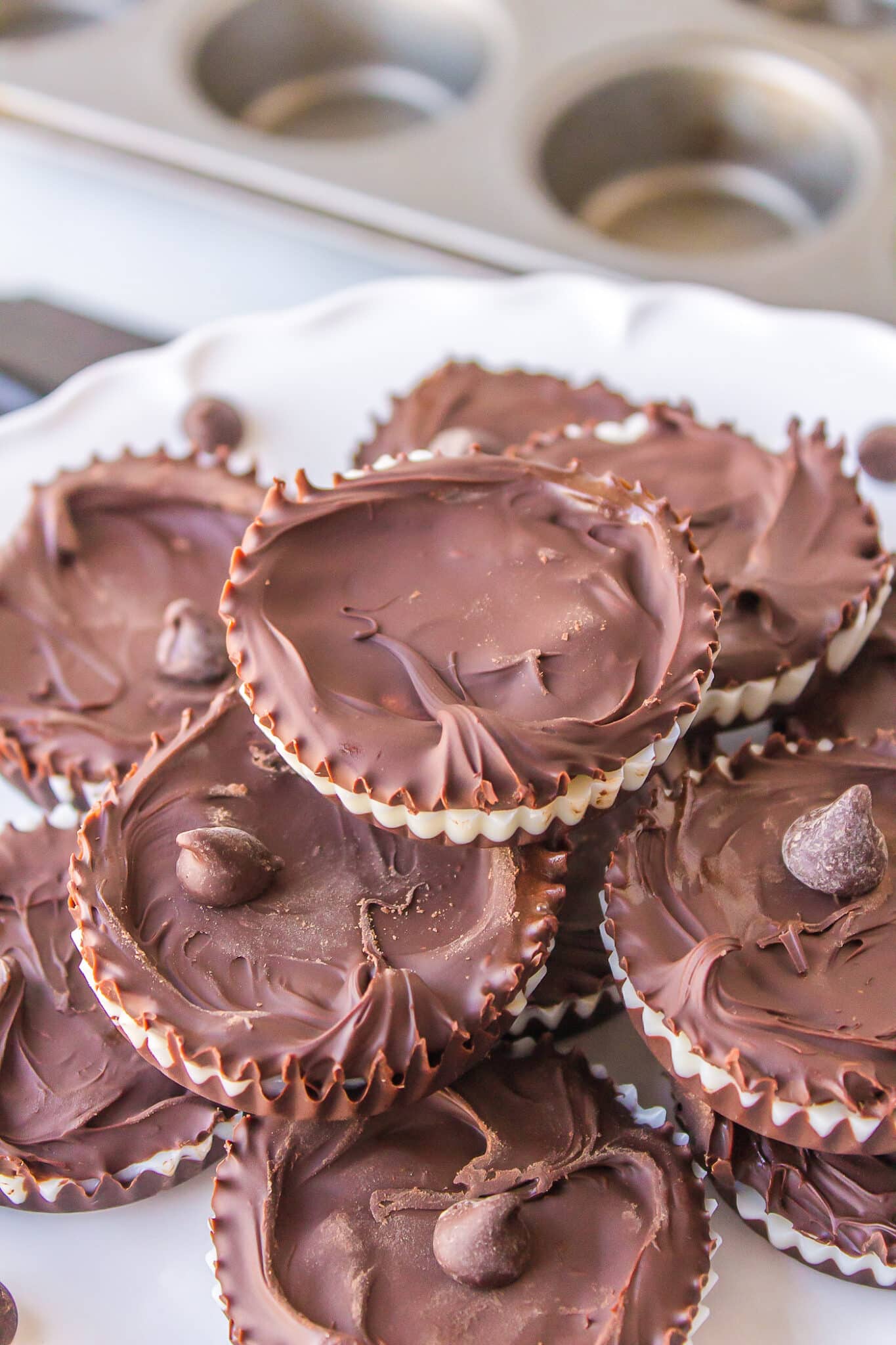 3-ingredient homemade peppermint patty candies stacked on a plate.