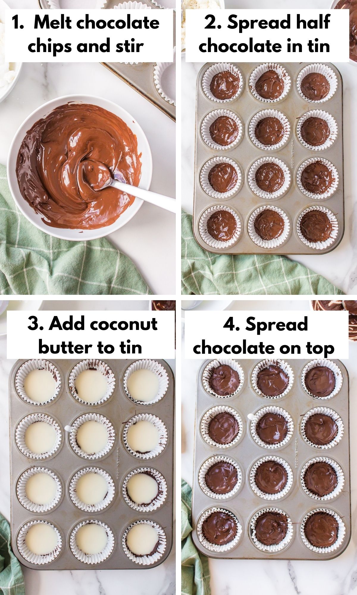 Photo collage of how to make vegan peppermint patty candies.