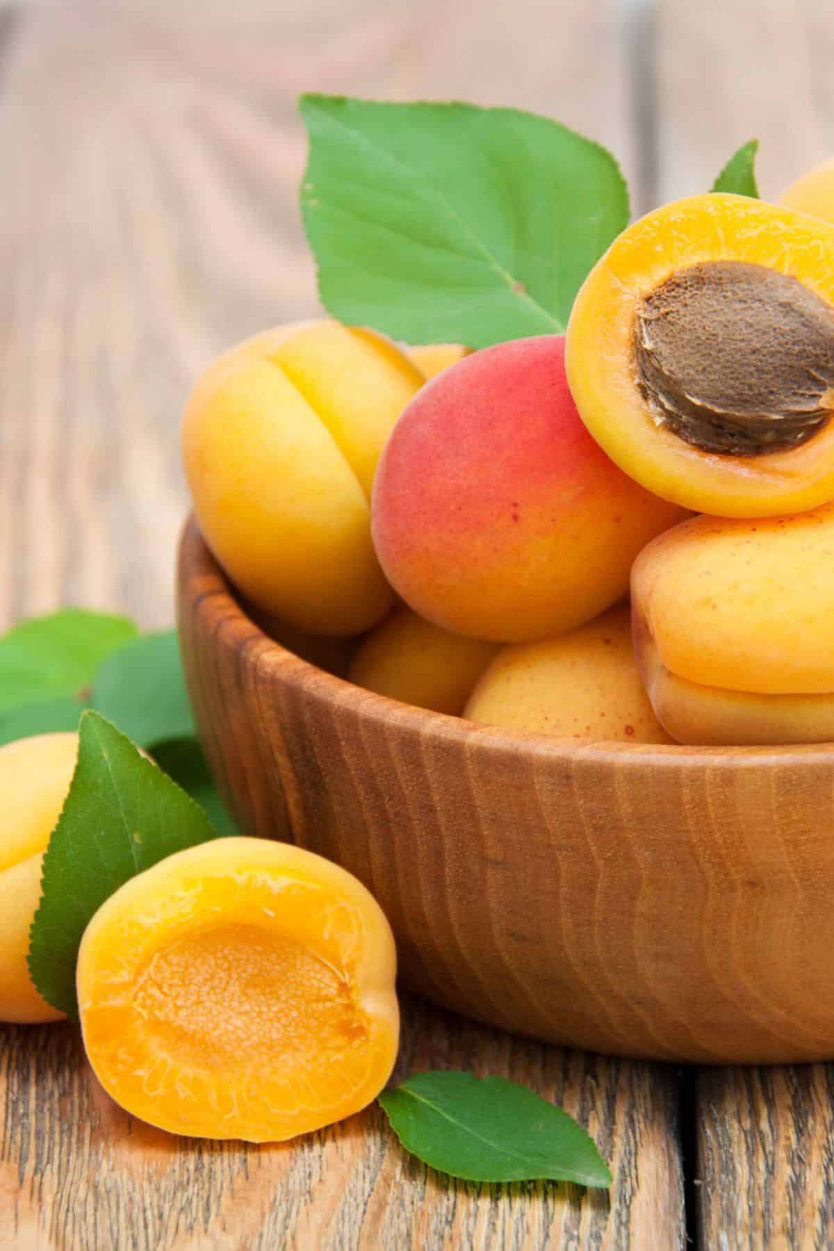 a wooden bowl of apricots.