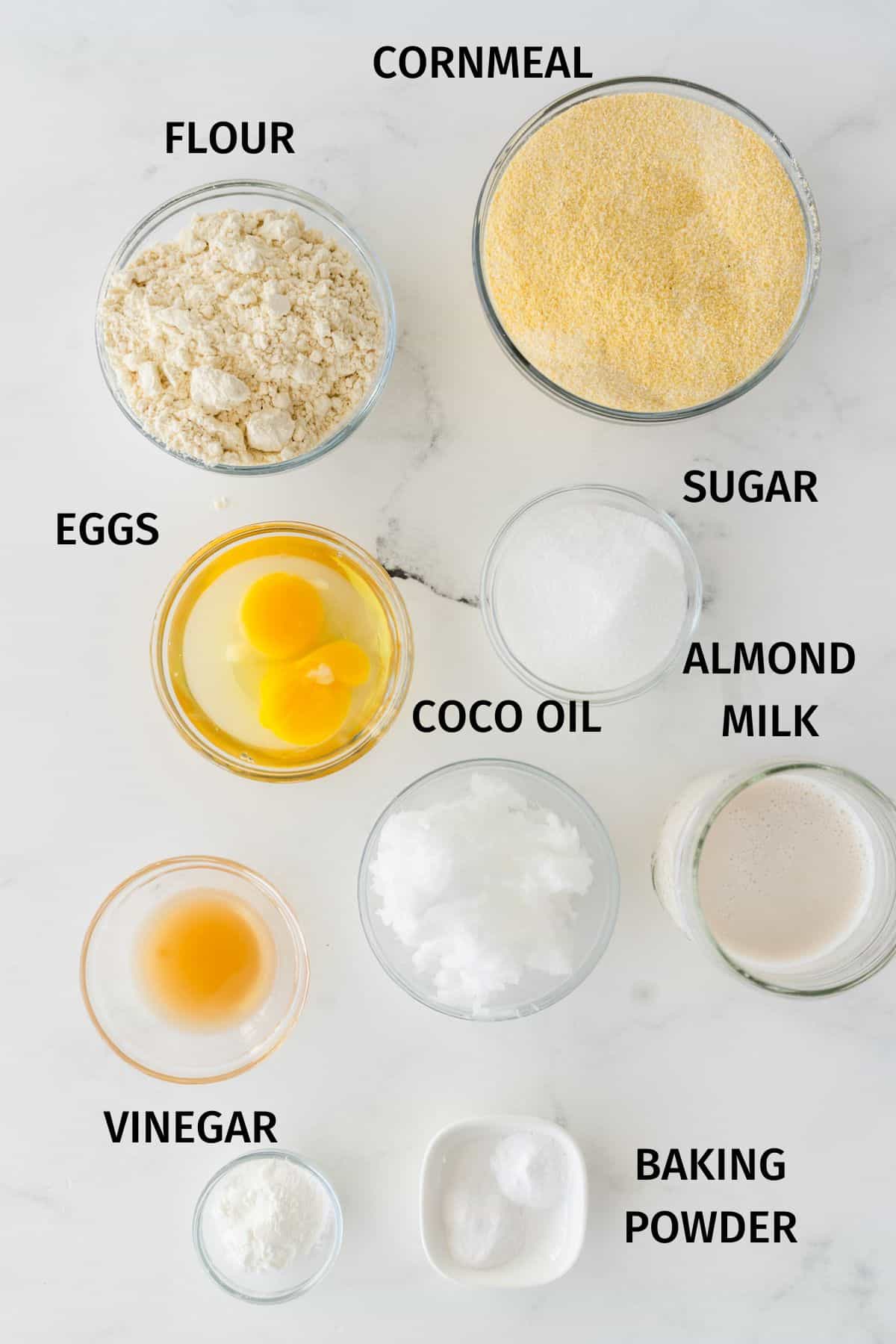 ingredients for gluten free dairy free cornbread recipe.