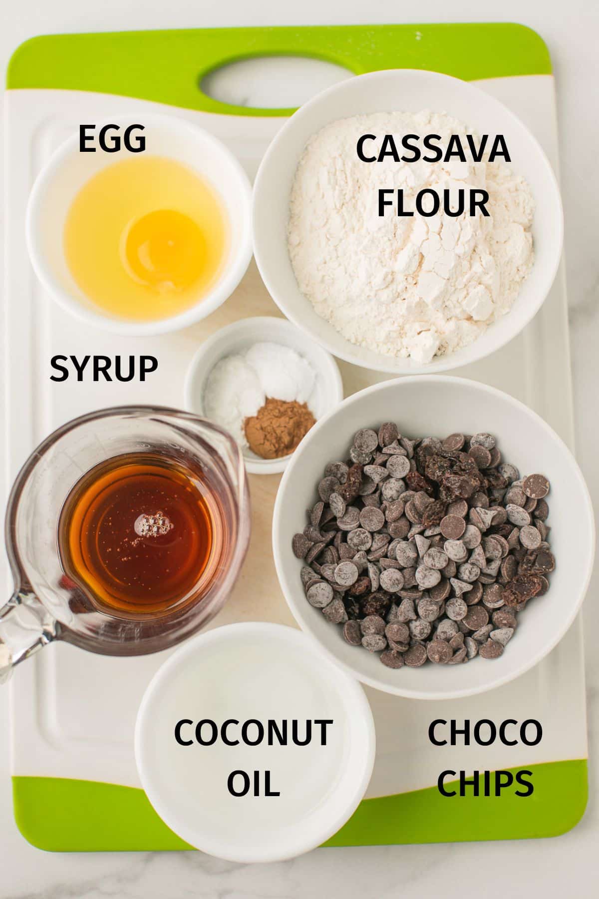 labeled photo with ingredients for cassava flour cookies.