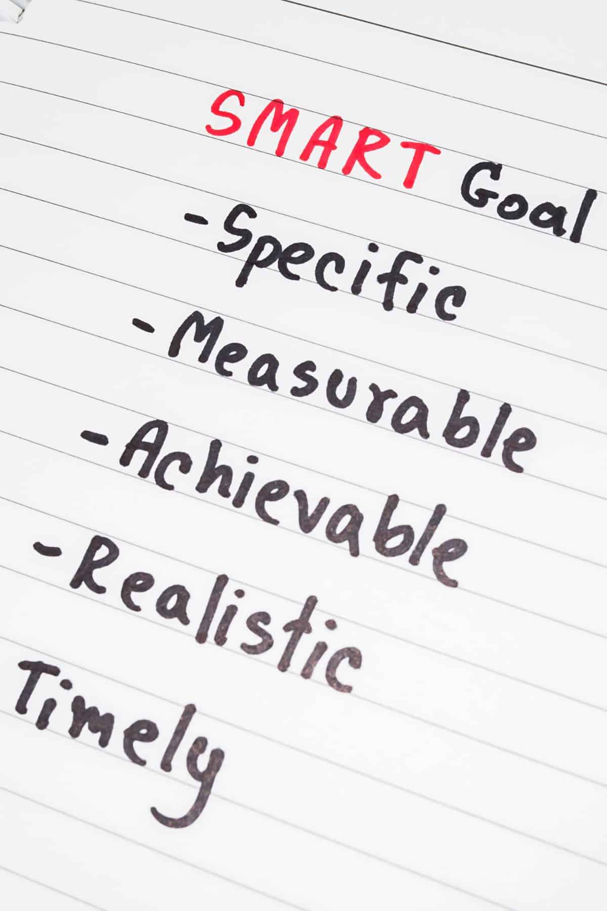 details of the elements of a SMART goal on a piece of notebook paper.