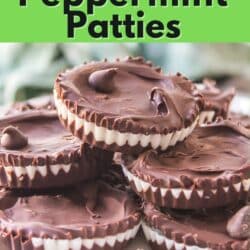 Vegan peppermint patty candies stacked on a cake plate.