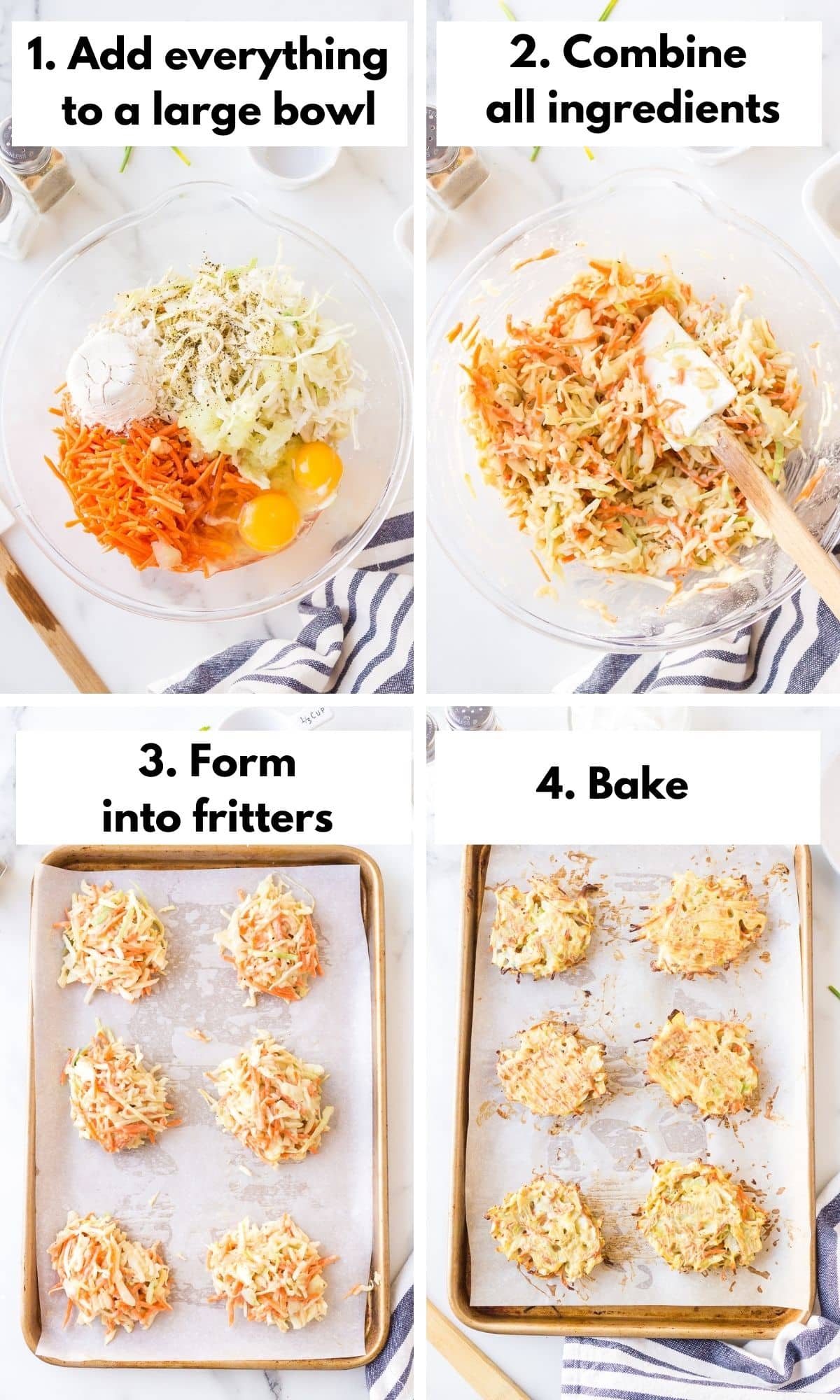 Photo collage of making and baking cabbage fritters.