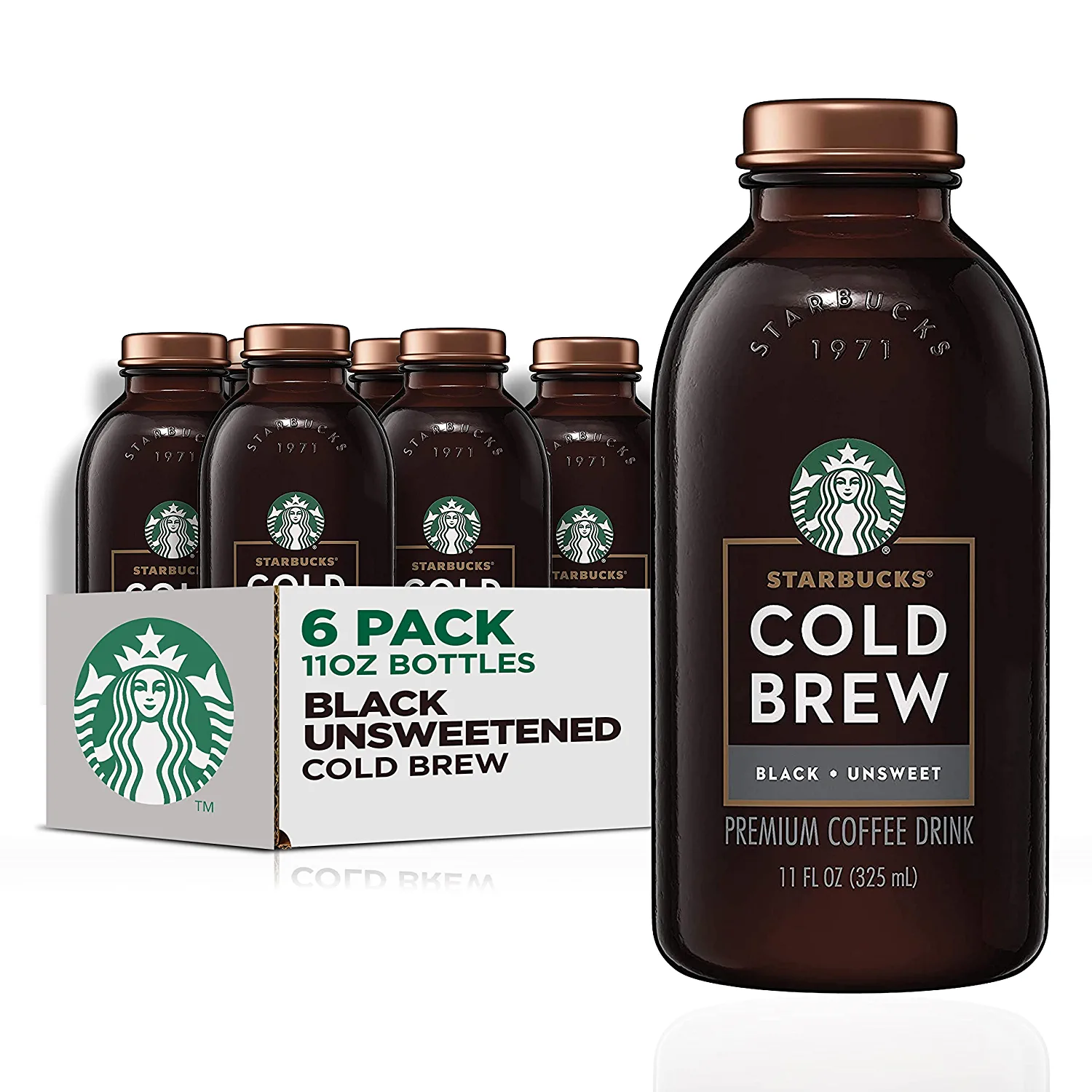 a bottle of Starbucks Cold Brew Coffee in front of a six pack of bottles.
