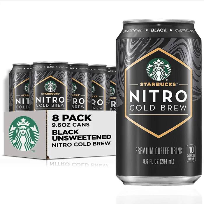 a can of Starbucks Nitro Cold Brew in front of an 8 pack of cans.