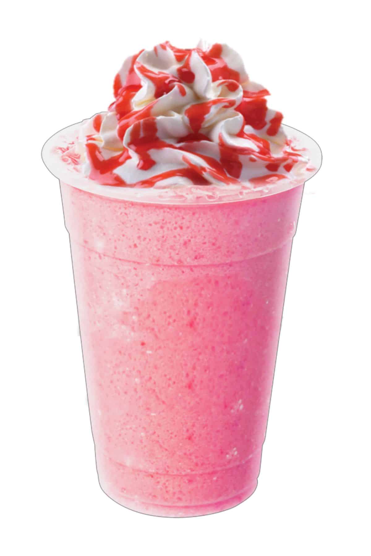 a Strawberry Crème Frappuccino in a clear cup.