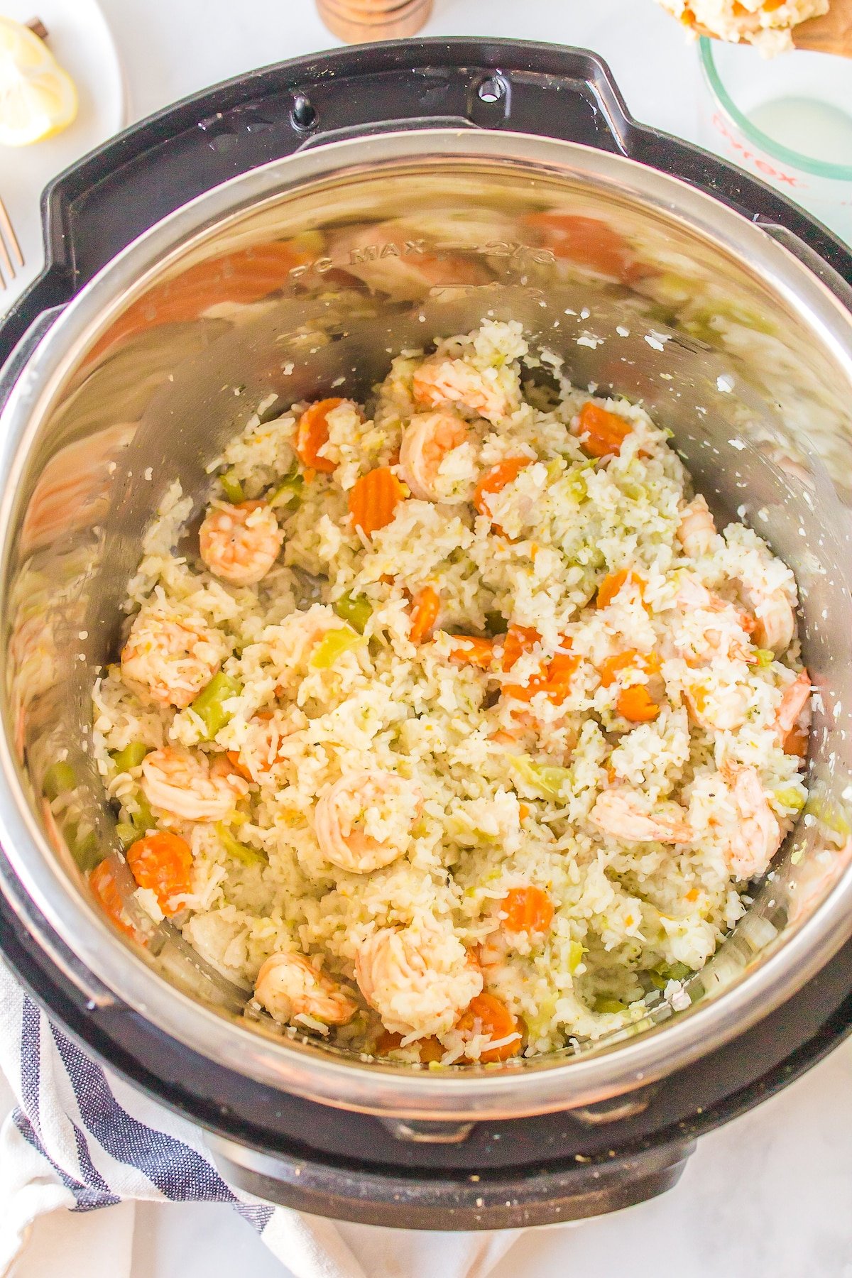 Shrimp and rice with veggies in an Instant Pot.