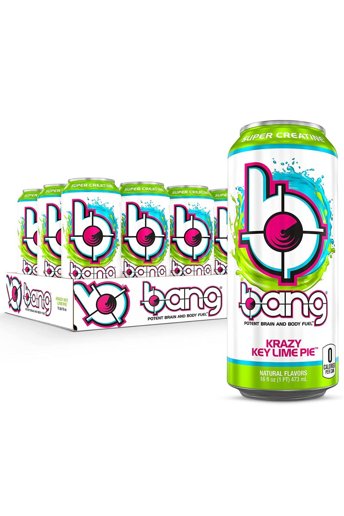 a 12 pack of Bang Energy Drinks next to a single can.