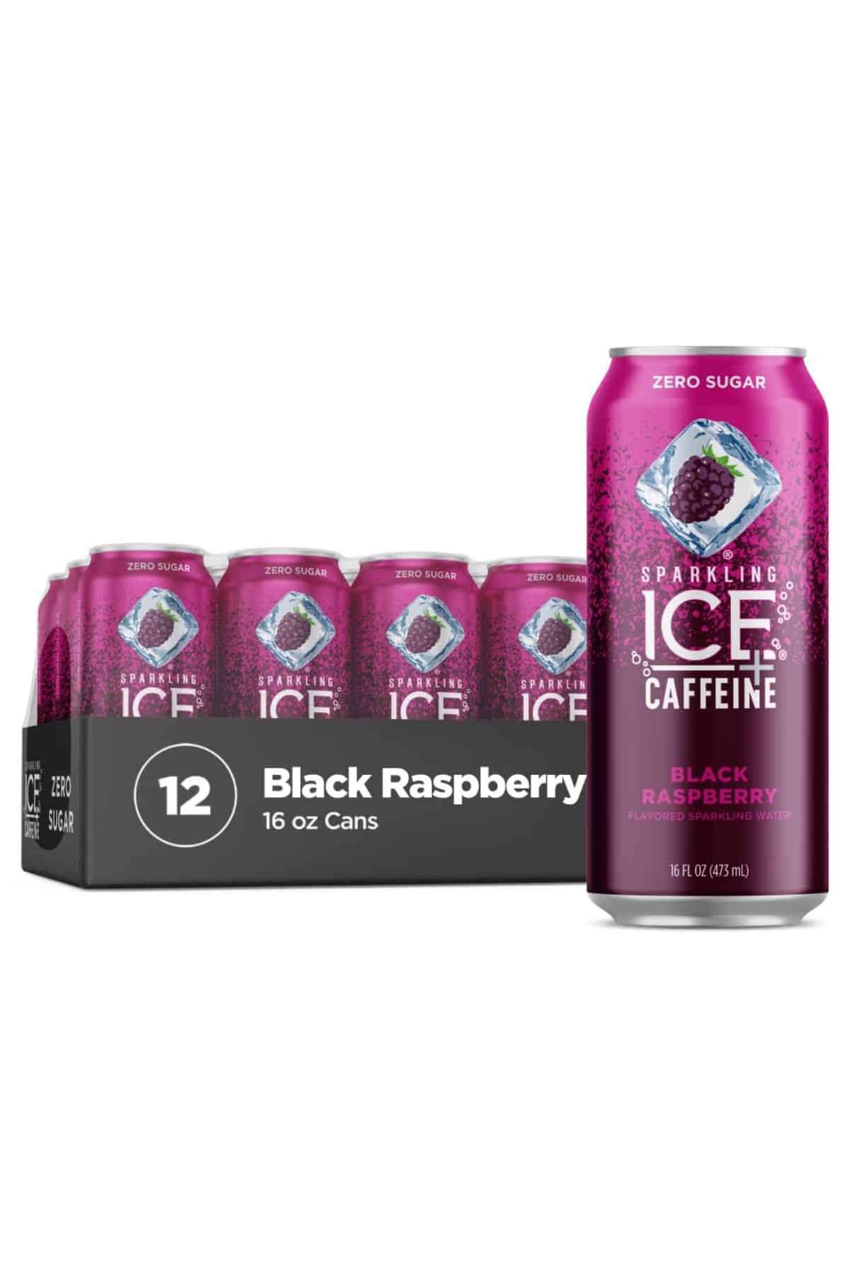 a 12 pack of Sparkling Ice Black Raspberry next to a single can of the drink.