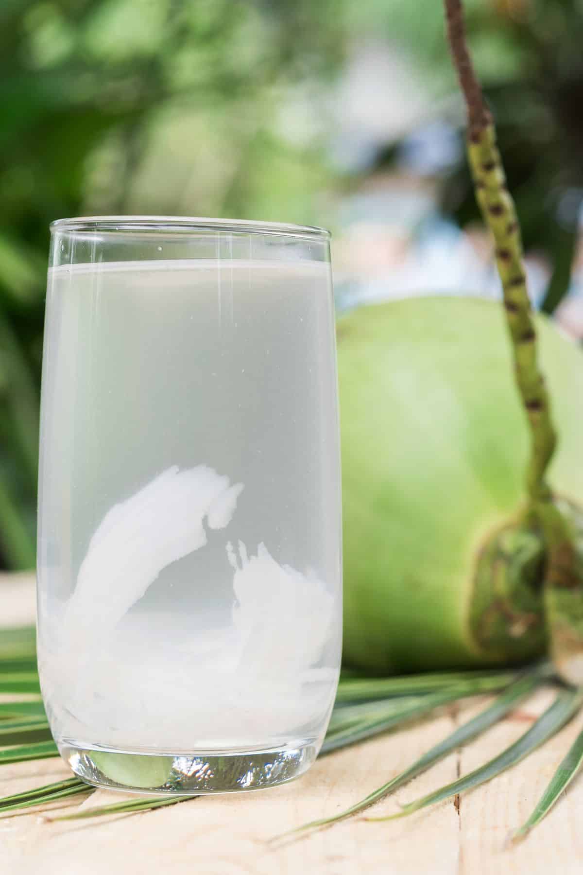 a glass of coconut water next to a coconut.