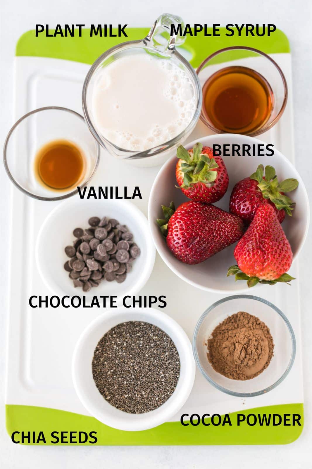 ingredients for strawberry chocolate chia pudding.