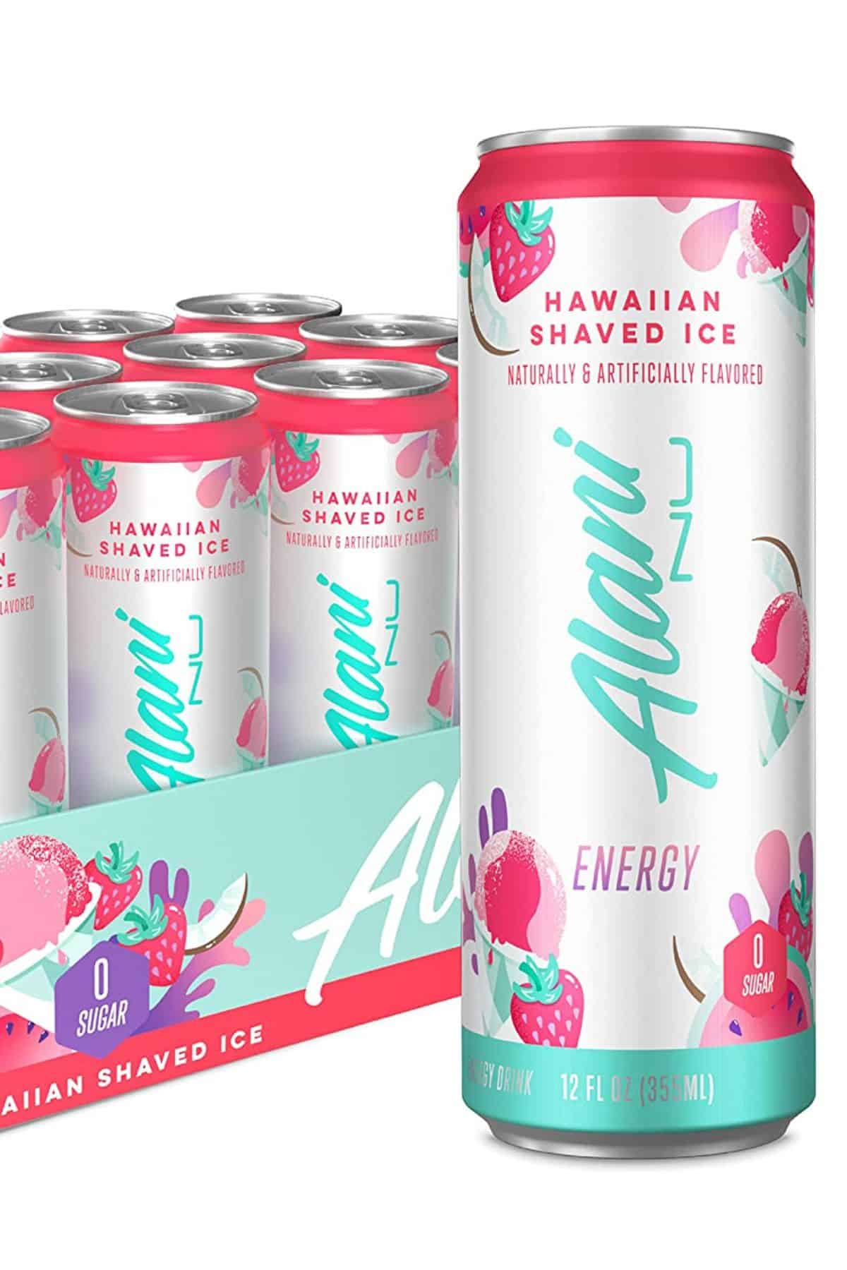 a can of Alani Energy Drink in front of a box of cans.