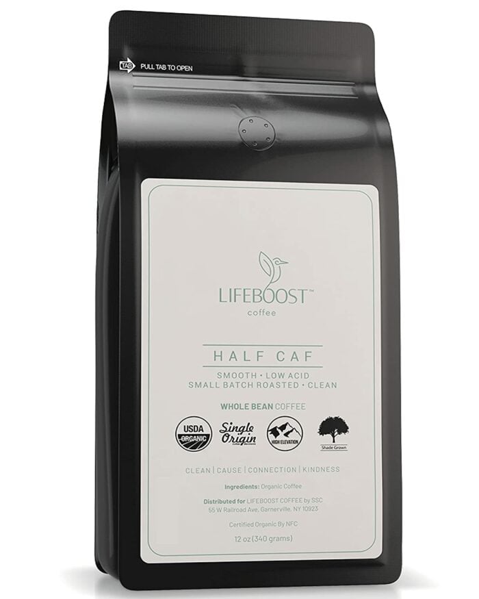lifeboost half caf bag of coffee beans.