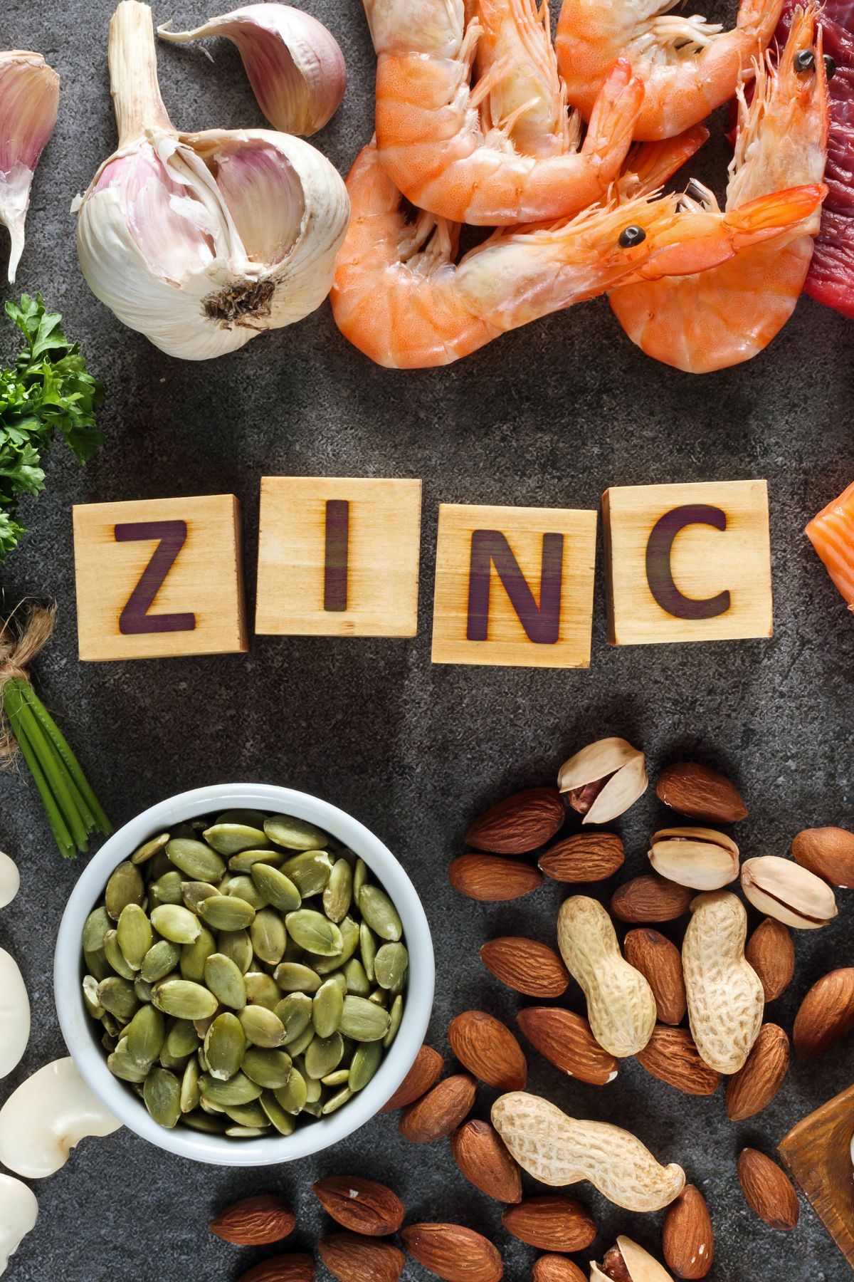 foods high in zinc on a table.