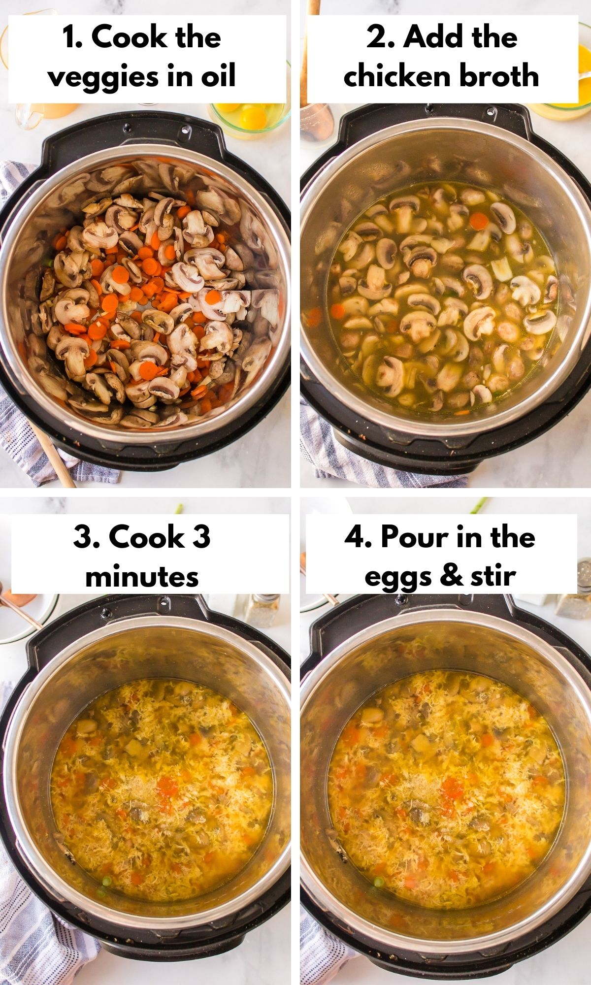 process of cooking egg drop soup in four photos.