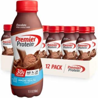 a bottle of Chocolate Premier Protein in front of a 12-pack of similar drinks.