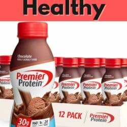 a bottle of Chocolate Premier Protein in front of a 12-pack of similar drinks.