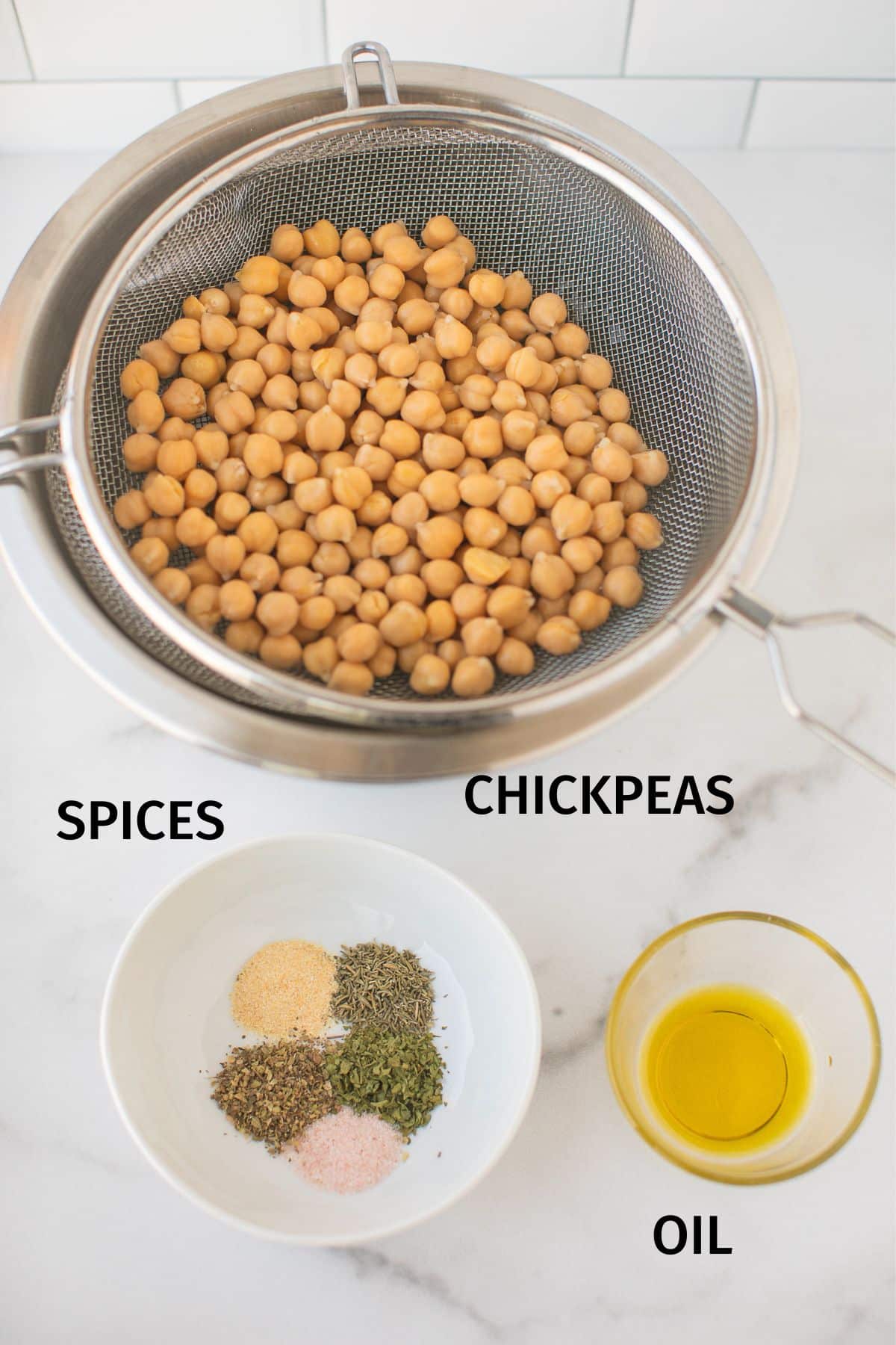 labeled photo of roasted air fryer chickpeas.