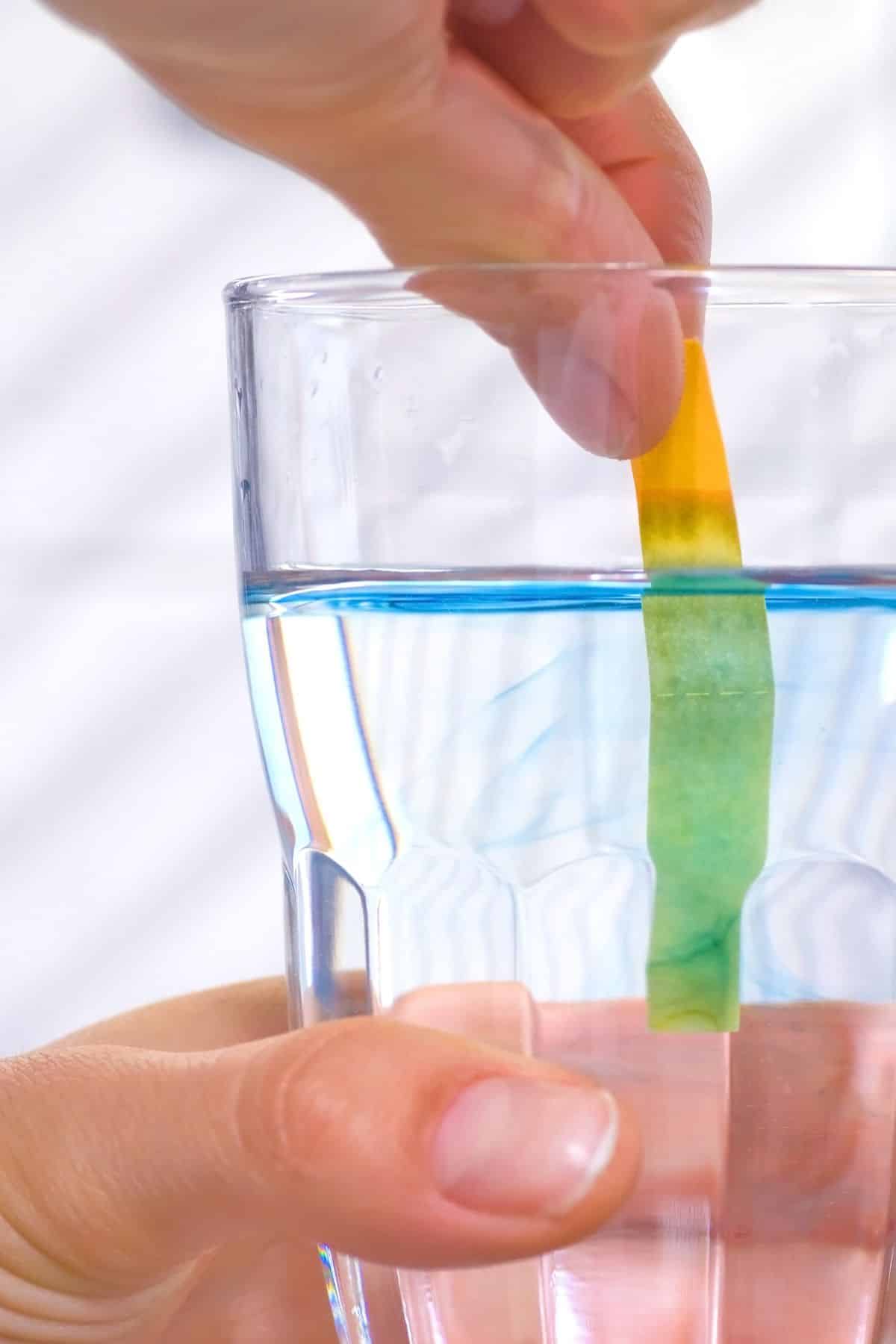 a person holding a ph strip inside a glass of water.
