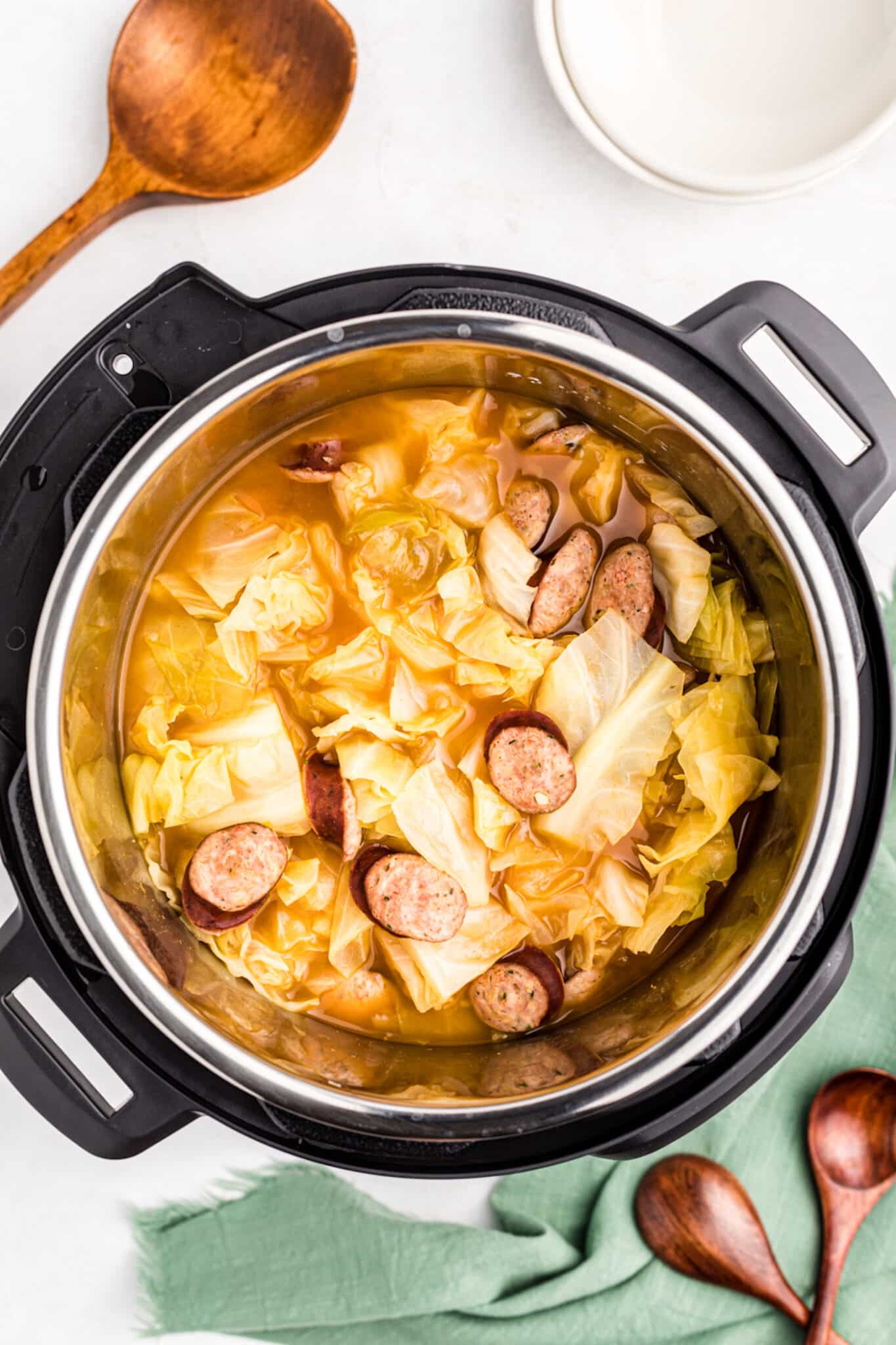 cooked instant pot cabbage and sausage.