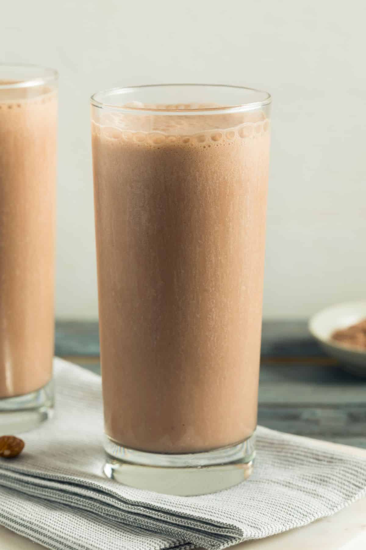 a chocolate shake in a glass.