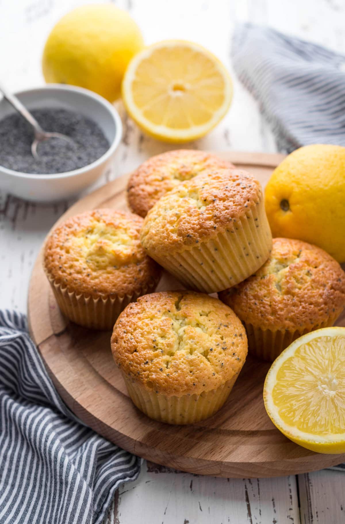 Vegan Lemon Poppy Seed Muffins on a tray ready to serve.
